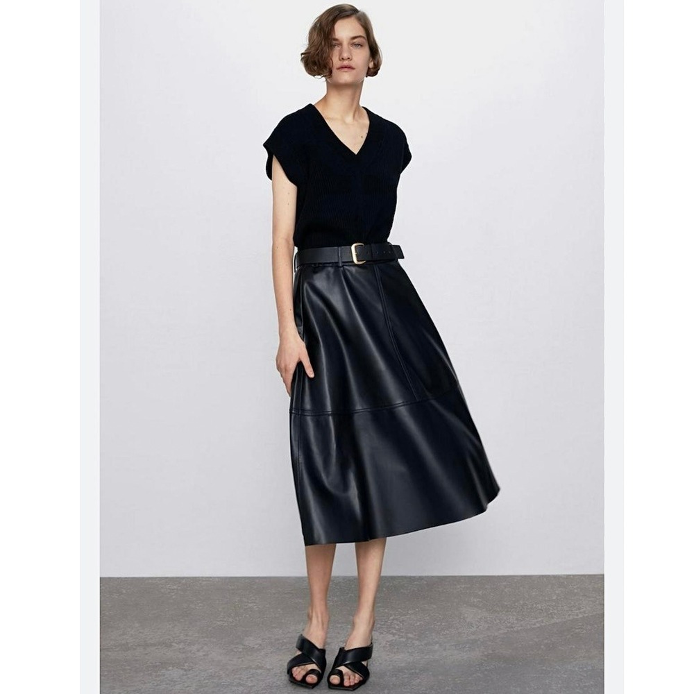 NWT Zara Black Faux Leather Midi A-Line Skirt with‎ Added Belt Vegan Womens Sz S